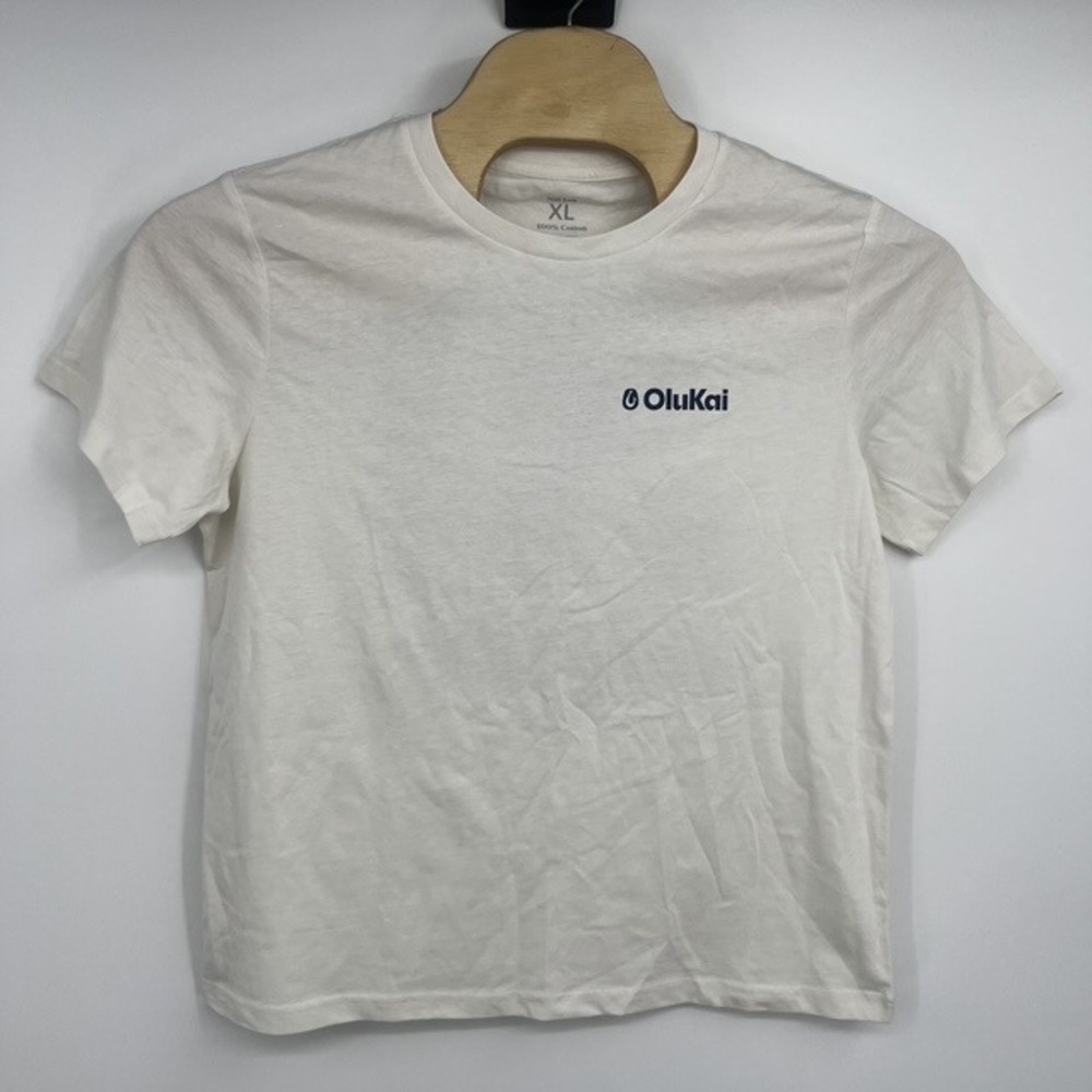 OluKai Nui Loa Mens XL White Cotton Graphic T-Shirt Surf Bird Waves Logo